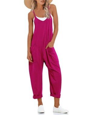 Casual Wide Leg Jumpsuit Baggy Sleeveless Romper Dark Pink Women With Pockets